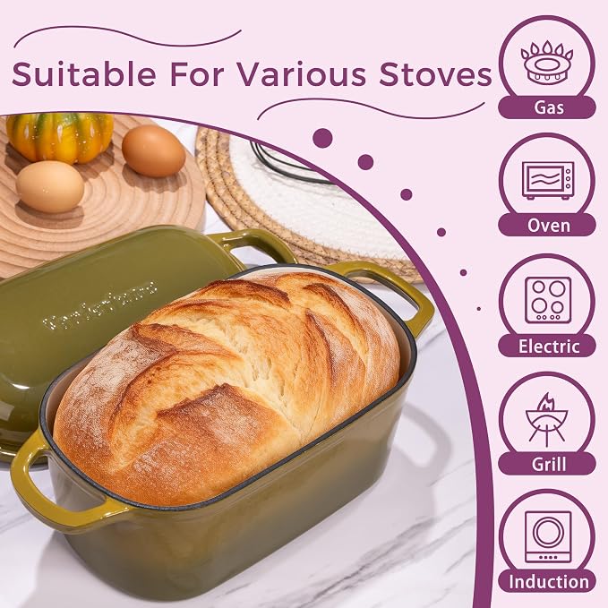 4.6-Quart Oval Dutch Oven for Bread Baking, 2 in 1 Cast Iron Bread Pan with Lid, Sourdough Baking Pan for a Crispy Crust, Olive