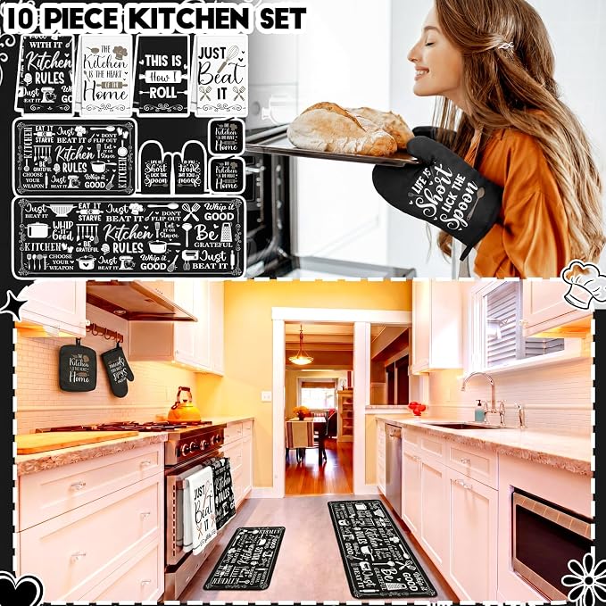 Fourluoo 10 Pcs Farmhouse Kitchen Decor Set Dish Towels Kitchen Rugs Oven Mitts and Pot Holders Home Decor for Cooking Baking Grilling Women Mom Gift