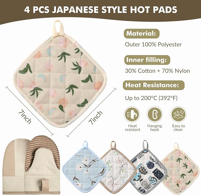 LEEPENK10Piece Pot Holders for Kitchen Heat Resistant,4 Beige Pot Holder with Non-Slip & 4 Japanese Pattern Potholders,Plus 2 Mini Oven Mitts,Hot Pads for Cooking Hot Dishes,Kitchen Aid Pot Holders