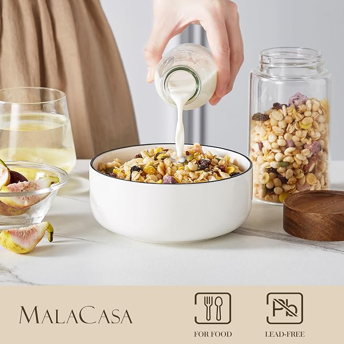 MALACASA 24 OZ Ceramic Bowls Set of 6, Soup Cereal Bowls, Black Rim | Porcelain Bowls for Breakfast, Cereal, Soup, Oatmeal, Yogurt, Microwave, Oven, Dishwasher Safe for Daily Use, Series LUNA