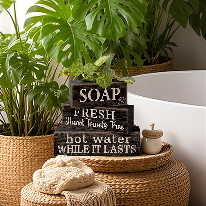 Lineshading 4 Pcs Wooden Bathroom Block Signs, Farmhouse Shelf Decor | Stackable Tiered Tray Pieces with Vintage Sayings, Rustic Bathroom Shelf Accents, Distressed Black Wood Tabletop Display