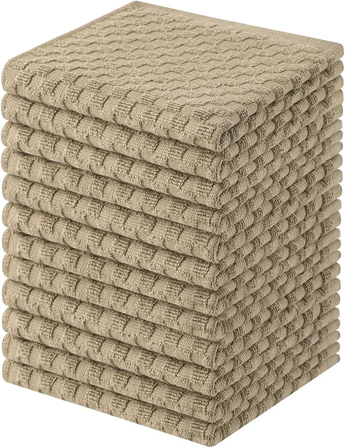 Homaxy 100% Cotton Terry Dish Cloths, 12"x12", 12-Pack, Tan | Ultra Soft Absorbent Dish Towels with Hanging Loop, Pineapple Grid Designed