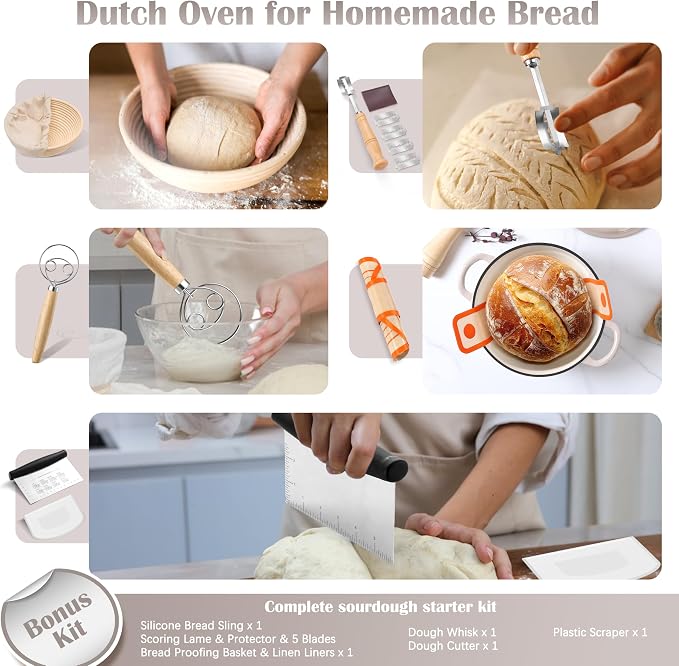 E-far Enameled Dutch Oven Pot for Bread Baking, 6QT Enameled Cast Iron Cookware with Self-Basting Lid & Sourdough Bread Baking Supplies, Heavy Duty Casserole Pot & Dual Handles-Khaki
