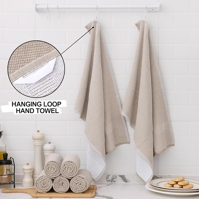 Homaxy 380 GSM Cotton Premium Kitchen Towels 6 Pack, 18"x 28", Khaki | Flat and Terry Dish Towels, Highly Absorbent Tea Towel Set with Hanging Loop, Soft Utility Kitchen Hand Towels