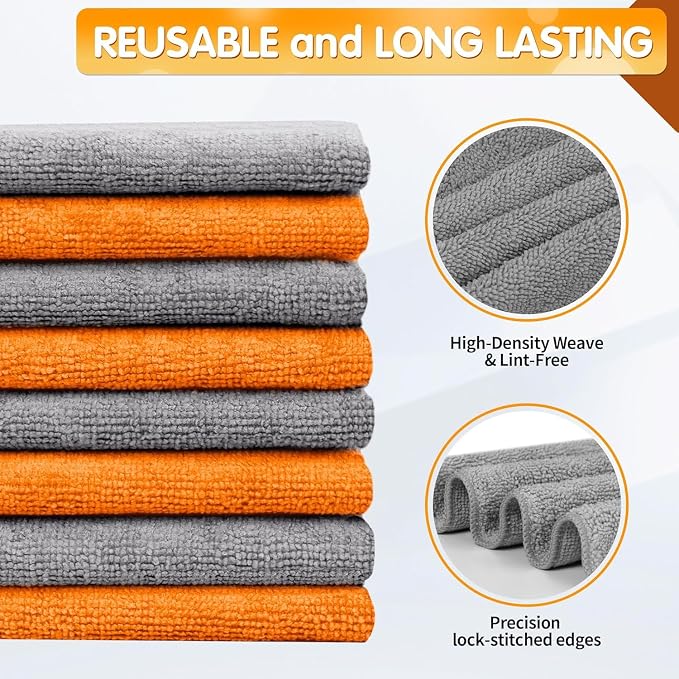 Microfiber Cleaning Cloth -Pack of 24, Highly Absorbent Cleaning Rags(Grey&Orange), 16"X12" All Purpose Cleaning Towels for Housekeeping, Kitchen, Car, Reusable Microfiber Towels