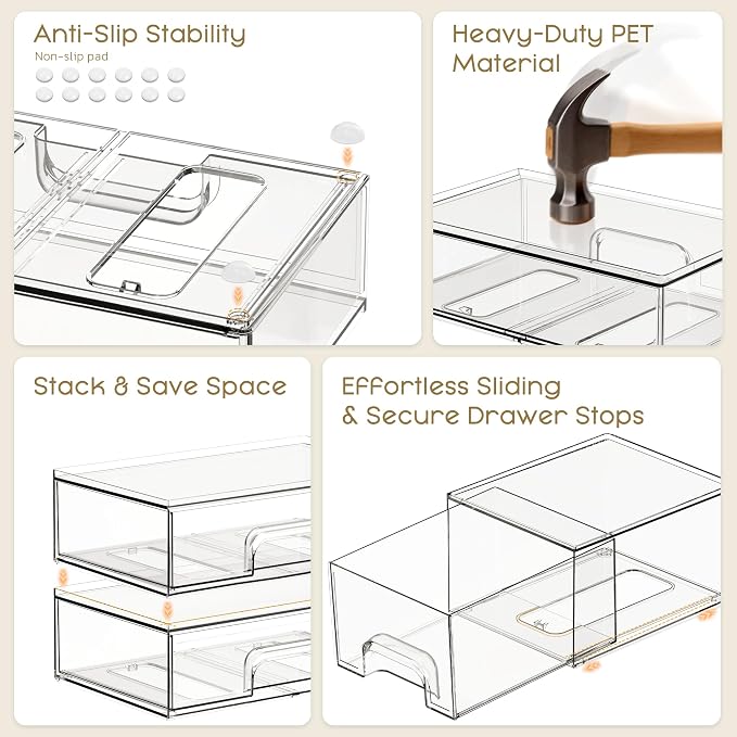 Stackable Storage Drawers, 3 Pack Clear Acrylic Makeup & Bathroom Organizer, Versatile Storage Bins for Vanity, Under Sink, Kitchen Cabinets & Pantry