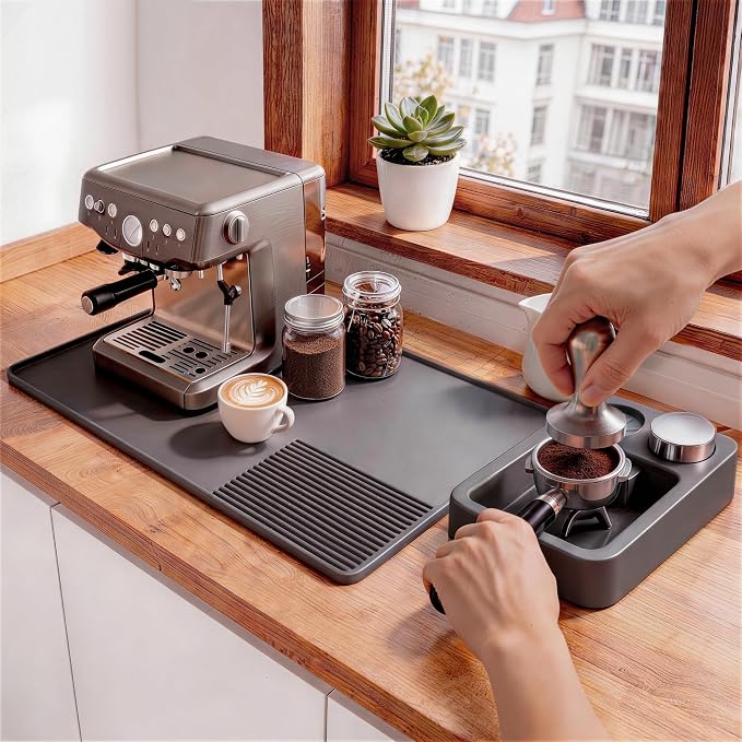 Silicone Coffee Mat and Espresso Tamping Mat, Detachable Espresso Coffee Bar Accessories, Coffee Bar Mat Suitable for Use Under coffee Maker, Dish Drying Mat for Kitchen Countertop Protector Mat, Grey