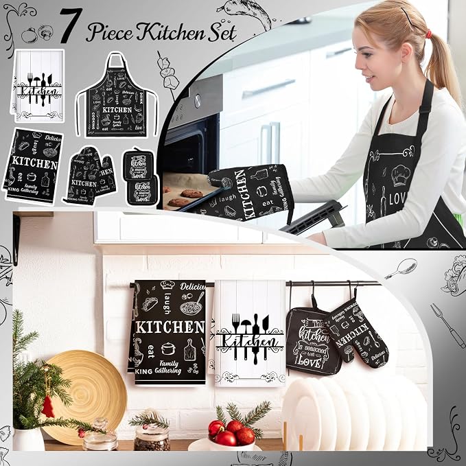 7 Pcs Kitchen Towels Oven Mitt and Pot Holder Apron Kitchen Decor Birthday Party Gifts (Cooking Meal Theme)