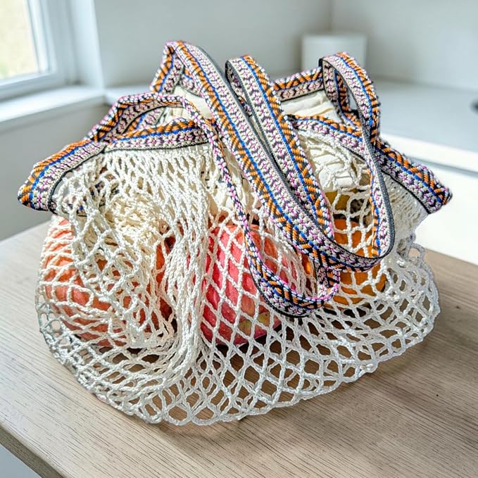 Earth and Tomorrow 2-Pack Reusable Mesh Grocery Bags – Foldable Cotton Net Totes with Jacquard Straps & Reversible Pouch | Cotton Mesh Fabric