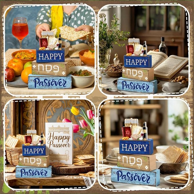 Lineshading 4 Pcs Wooden Passover Block Signs Farmhouse Tiered Tray Decor | Rustic Tabletop Centerpiece, Hebrew Text Design, Menorah Wine Matzo Elements, Gift for Jewish Home Table Decoration