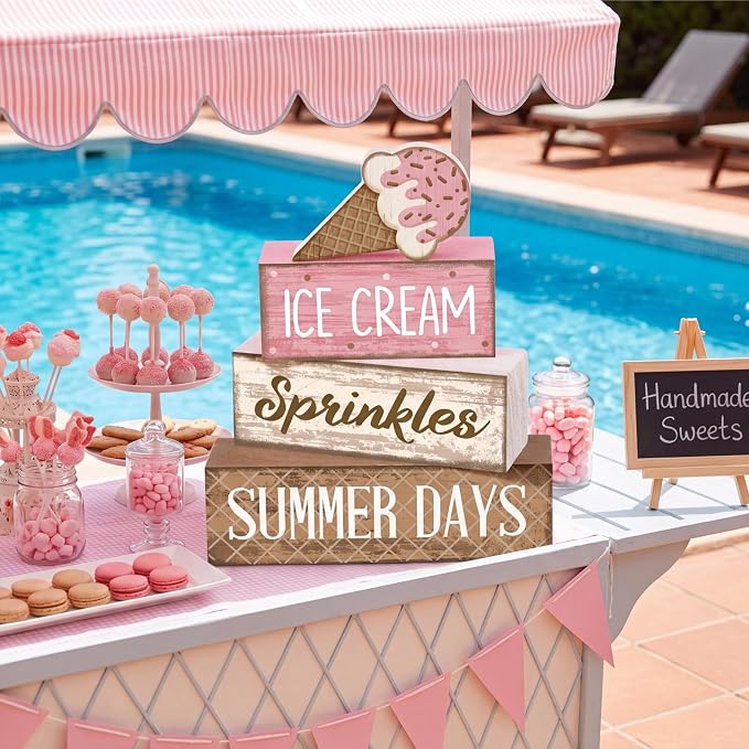 Lineshading 4 Pcs Ice Cream Summer Tiered Tray Decor Table Block Signs | Wooden Farmhouse Rustic Home Decorations, Kitchen Tabletop Centerpieces, Ice Cream Theme Sprinkles Design, Summer Gift
