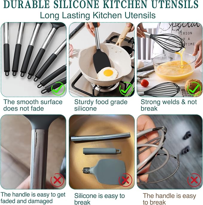 Stainless Steel Kitchen Cooking Utensil Set, Umite Chef 15 pcs Cooking Utensils - Nonstick Kitchen Utensils Cookware Set Spatula Set -Kitchen Gadgets Utensils Set, Kitchen Tools Gift (Gray)