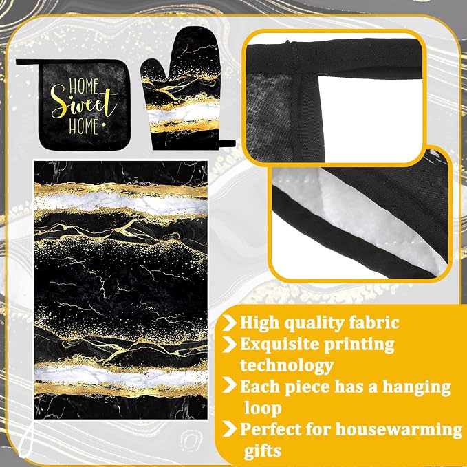 Leinuosen 8 Pcs Black and Gold Marble Kitchen Towels and Dishcloths Sets Oven Mitts and Pot Holders Absorbent Kitchen Gloves Potholders Heat Resistant for Chef Baking Cooking