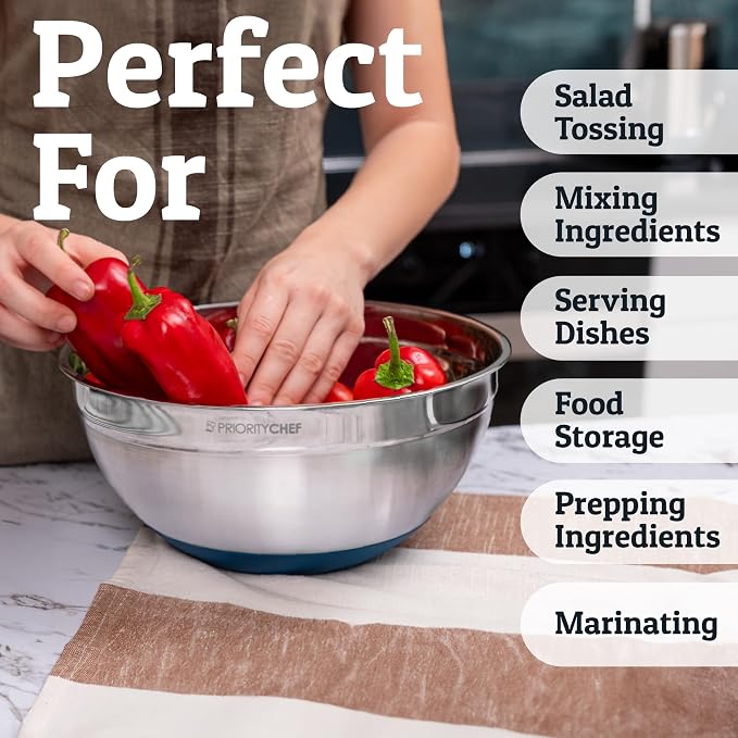 Priority Chef 6pc Stainless Steel Mixing Bowls with Lids Set, 7 Qt, Blue | Non-Slip Nesting Bowls, 3 Graters and Interior Measurement Marks; For Meal Prep, Baking and Airtight Fridge Storage