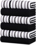Bumble Kitchen Towels 6 Pack 100% Cotton 16"x26" - Black Wide Stripe | 430 GSM Soft Kitchen Hand Towels with Hanging Loop, Highly Absorbent & Durable for Washing and Drying Dishes
