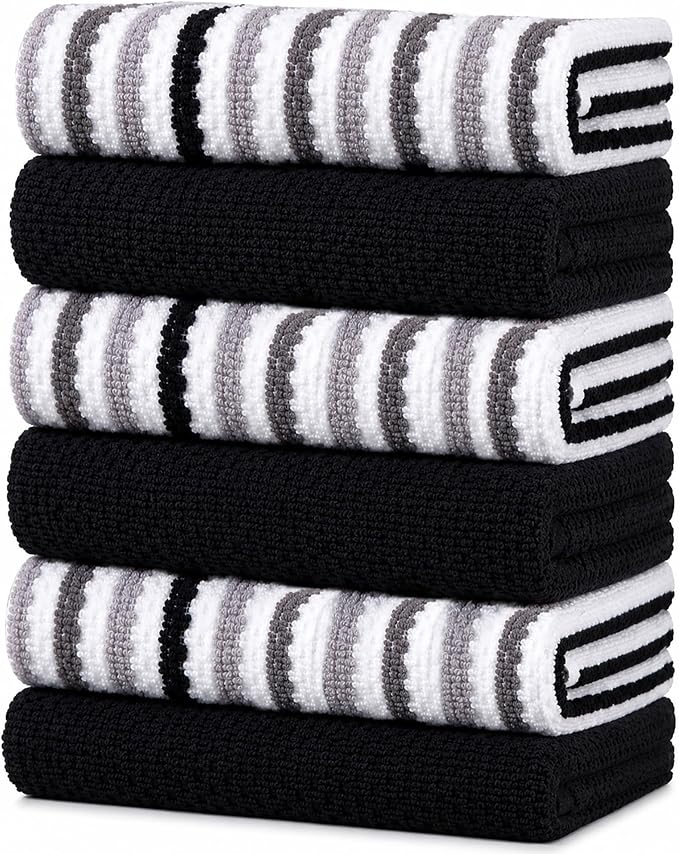 Bumble Kitchen Towels 6 Pack 100% Cotton 16"x26" - Black Wide Stripe | 430 GSM Soft Kitchen Hand Towels with Hanging Loop, Highly Absorbent & Durable for Washing and Drying Dishes