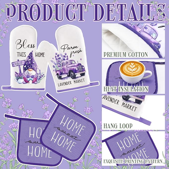 Fourluoo 10 Pcs Lavender Kitchen Decor Set Lavender Kitchen Towels Rugs Oven Mitts and Pot Holders for Cooking Baking Grilling Women Mom Gift