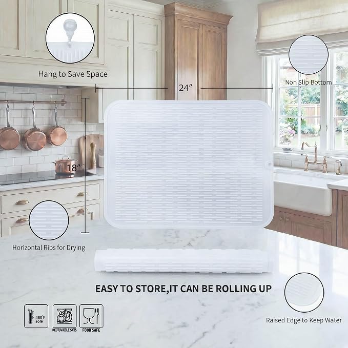 MicoYang Silicone Dish Drying Mat for Multiple Usage,Easy clean,Eco-friendly,Heat-resistant Silicone Mat for Kitchen Counter or Sink,Refrigerator or Drawer Liner Translucent 2XL 24 inches x 18 inches