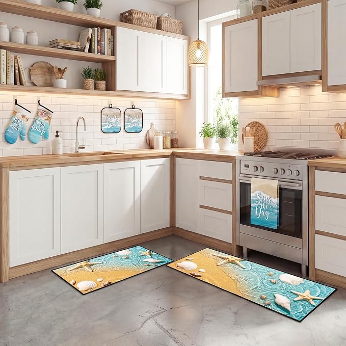 10 Pcs Kitchen Decor and Accessories Set, Beach Coastal | Ocean Summer 4 Dish Towels Kitchen Rugs 2 Oven Mitts 2 Pot Holders, Home Decor for Cooking Baking BBQ Housewarming