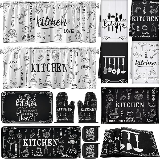 Fourluoo 16 Pcs Black White Kitchen Towel Rug Set Modern Decor | Non Slip Kitchen Rugs Mats, Oven Mitts Pot Holders Curtains, Farmhouse Home Decor Accessories, Housewarming Gift