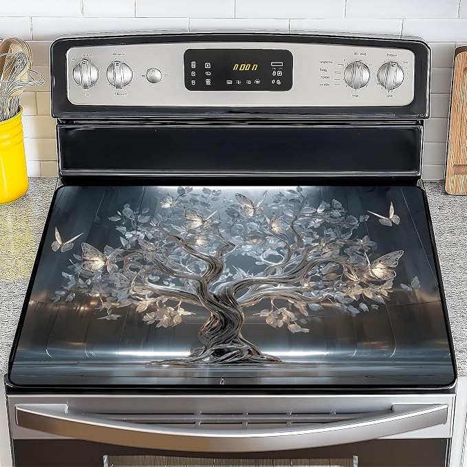 NYZE 28" x 20" Electric Stove Top Cover - Silver Tree of Life Glass Stovetop Protector Mat, Heat Resistant Silicone Stove Topper & Counter Space Saver for Modern Kitchen Decor