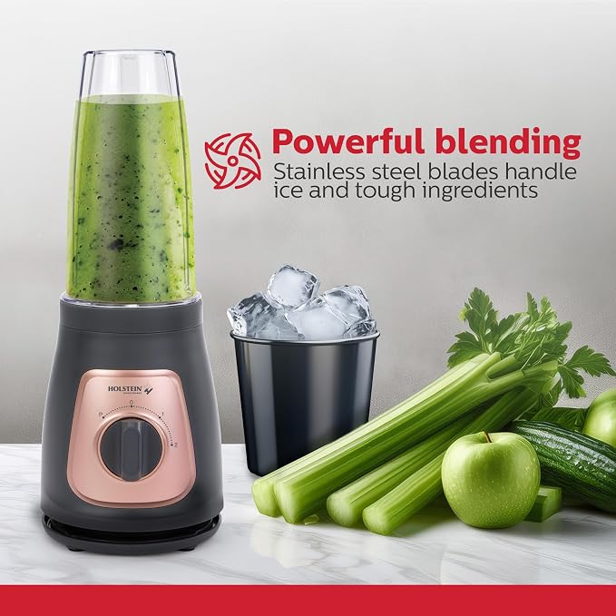 Holstein Housewares Personal Blender – 25 oz Travel Jar, Two-Speed Knob with Pulse Function, Stainless Steel Blades, Compact & Portable, Cool Grey/Rose Gold