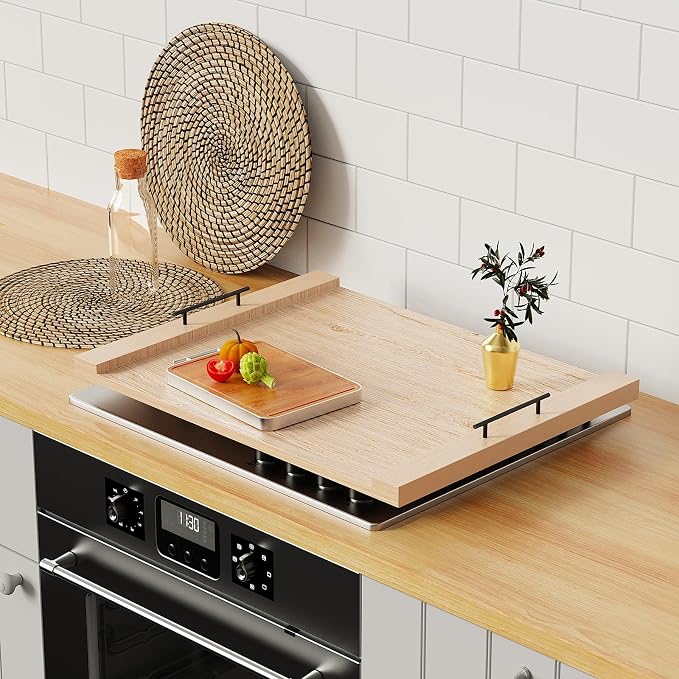 Oak-colored Wood Noodle Board Stove Cover with Handles - 30x22 inch Stove Top Cover for Gas Burners, Decorative Wooden Stove Topper for Electric Range, Extra Counter Space for Farmhouse Kitchen