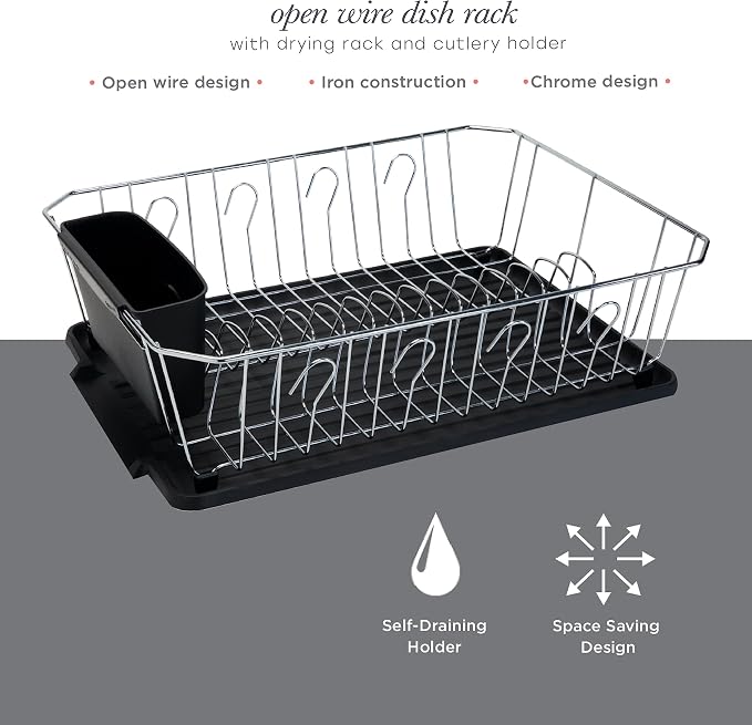 Kitchen Details 3 Piece Dish Rack | Drying Rack, Cutlery Basket & Drainboard Tray | Countertop | Self Draining | Open Wire Design | Chrome | Black