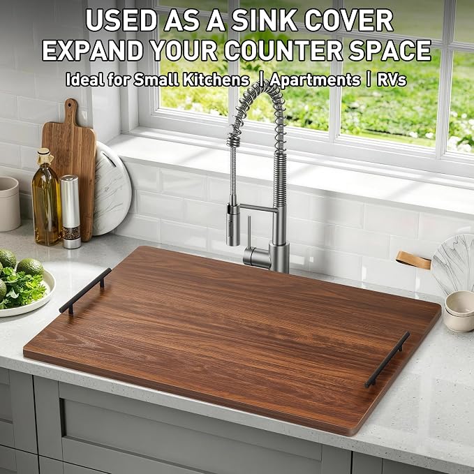 Noodle Board Stove Cover with Handles, Stove Top Covers for Gas Burners and Electric Stove, Wood Stove Cover Board Decorative Serving Tray Kitchen Sink Cover for Counter Space (Walnut)