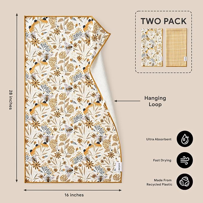 RECYCO Waffle Kitchen Towel Set of 2 - Quick Dry Microfiber Sustainable Dish Towels - Ultra Absorbent Reusable Cleaning Tea Towels - Lightweight Hand Towels,16”x 28”, Joyful Bees