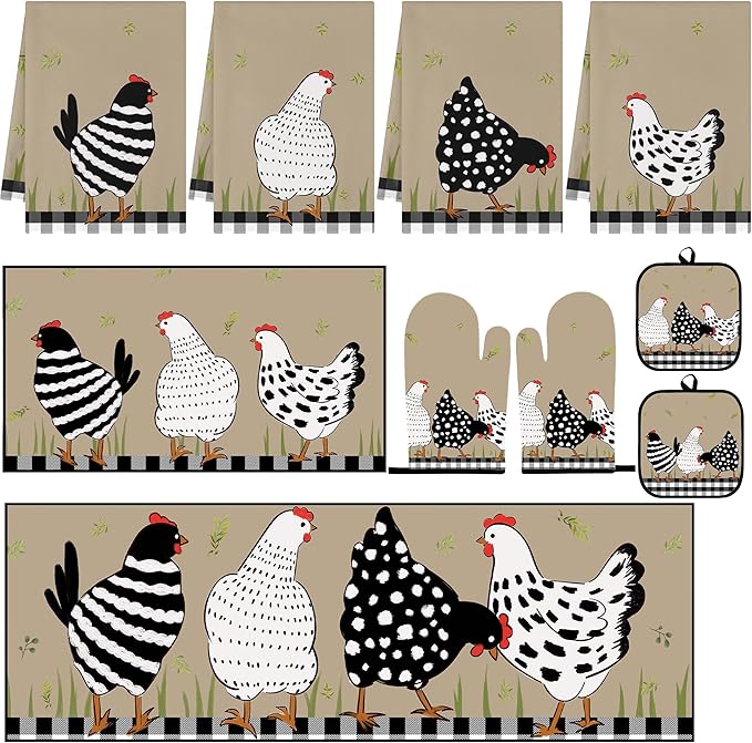10 Pcs Kitchen Decor and Accessories Set, Chicken Country Rustic | Rooster 4 Dish Towels Kitchen Rugs 2 Oven Mitts 2 Pot Holders, Home Decor for Cooking Baking BBQ Gifts Women Mom Housewarming