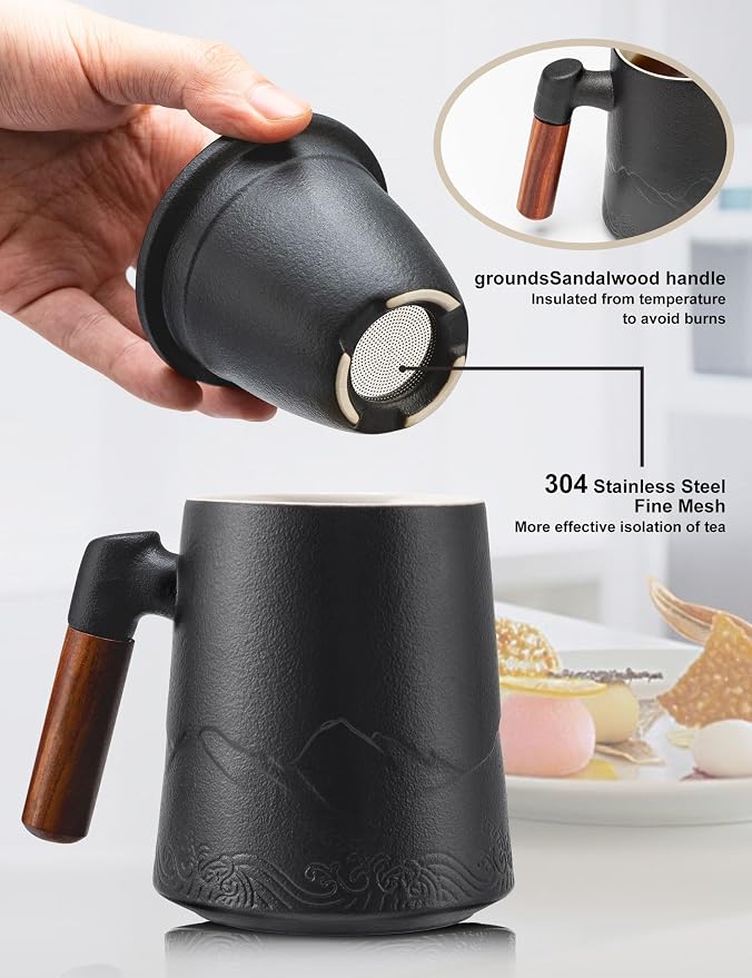 suyika Tea Cup with Infuser and Lid, Gradient Black & Blue, 15.2oz /450ml | Ceramic Mug, Wood Handle, For Loose Leaf Tea
