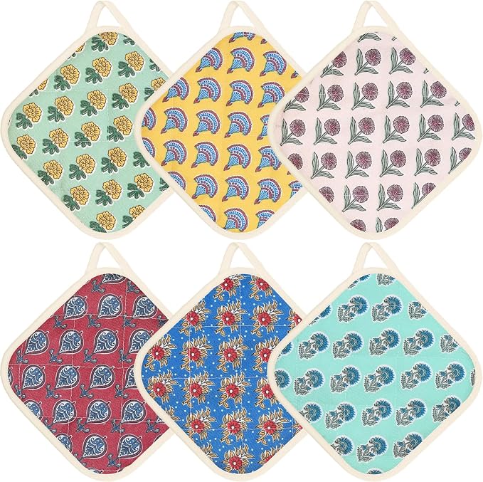 6 Pack Pot Holders 100% Cotton Heat Resistant Potholder, Machine Washable Pot Holder, Hot Pads, Table Pads for Cooking Baking (O)