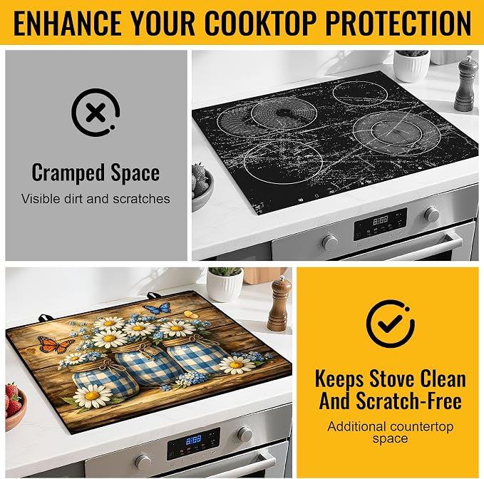 NYZE Stove Top Cover for Electric/Glass Stove, 28x20 Inch Stovetop Cover Flat Top Protector Dish Drying Mat for Kitchen (Blue Grid Daisy Jars)
