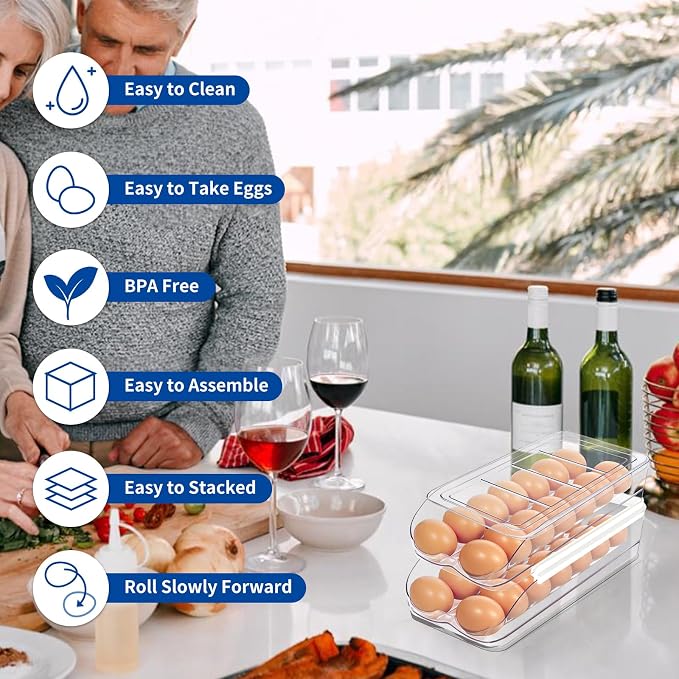 MesRosa Egg Holder for Fridge, Automatic Rolling Egg Organizer -2 Layer | Stackable Clear Egg Container & Tray for Refrigerator, Durable Dispenser and Storage with Sturdy Lid to Saving Space