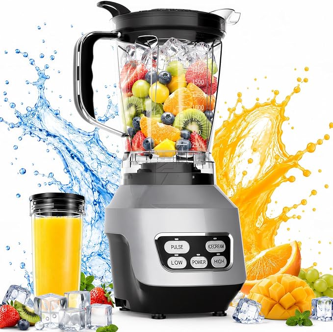 NEWBULIG Smoothie Blender for Kitchen with 6 Blades, Personal Blender for Smoothies with 24 34 60 oz BPA-Free Cups, Large Capacity, Portable and Easy Clean, for Ice Crush, Shakes, Sauces, Silver