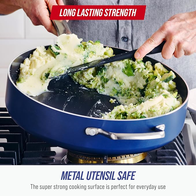 Blue Diamond 5QT Diamond Infused Ceramic Nonstick Sauté Pan with Lid, Blue | PFAS-Free Ceramic Nonstick Jumbo Cooker Skillet, Dishwasher & Oven Safe, Durable Metal Utensil Safe, Soups, Glass Lid