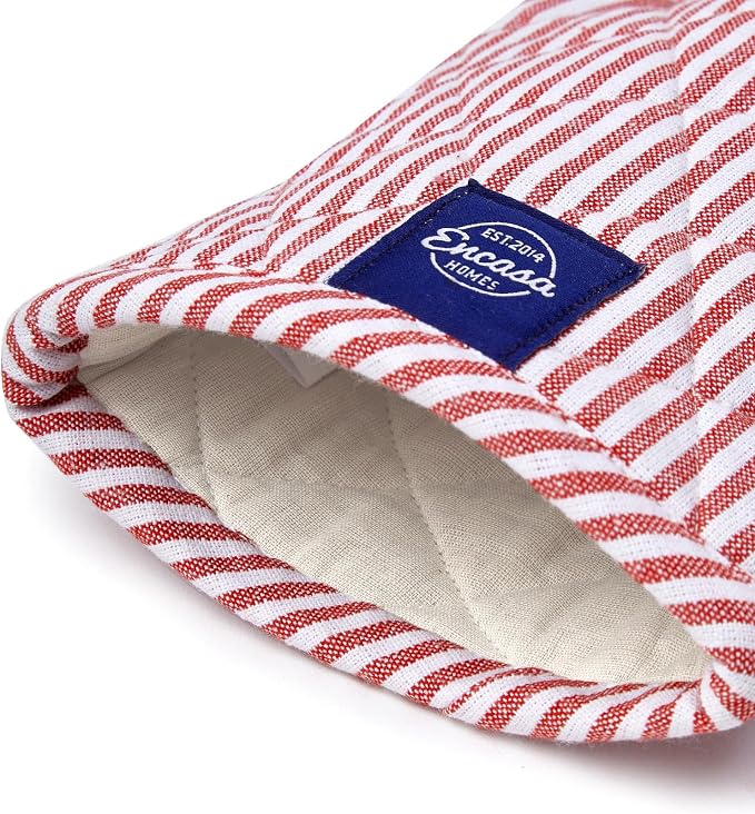Encasa XO Oven Mitts, Heat Resistant Kitchen Gloves, Microwave | Ticking Red, 100% Cotton | Diamond Quilted Insulation | Pot Holders | Hanging Loop | Barbecue & Grill | Set of 2