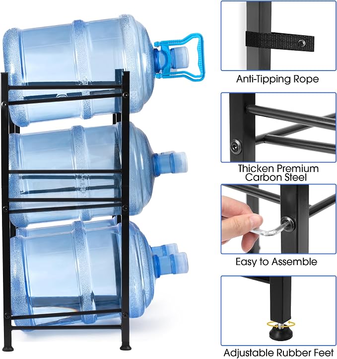 Klvied 5 Gal Jug Rack, 3 Tier for 6 | Heavy duty steel, built-in lifter, includes cap, holds 6 bottles, kitchen/office/gym
