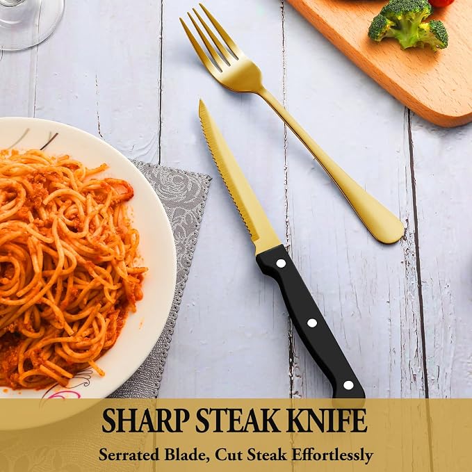 72 Pcs Gold Silverware Set with Steak Knives, Stainless Steel Flatware Cutlery Set for 12, Kitchen Tableware Sets, Utensil Sets for Home and Restaurant, Dishwasher Safe
