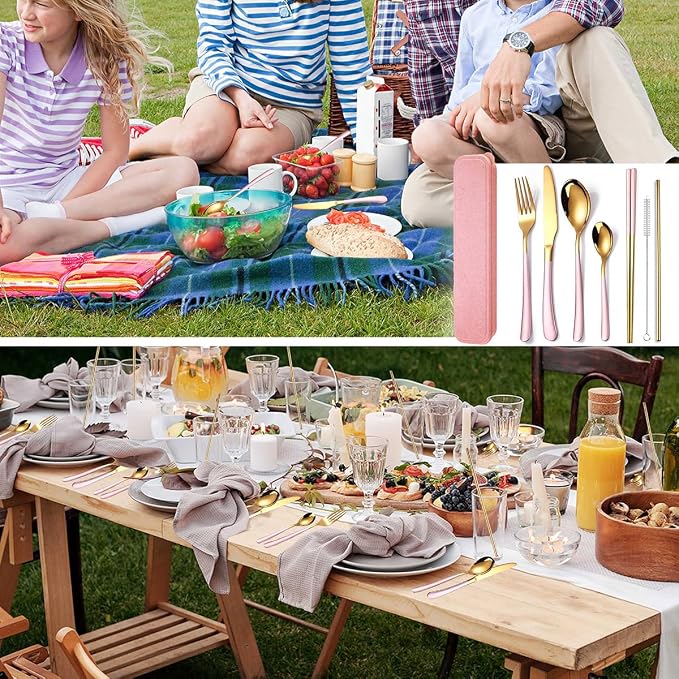 AARAINBOW 7 Pieces Stainless Steel Flatware Set Portable Reusable Cutlery Set Travel Utensils Set Including Chopsticks Knife Fork Spoon Straws Cleaning Brush Dishwasher Safe (7 Pink Golden)