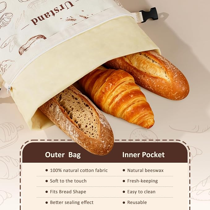 Beeswax Bread Bags for Homemade Bread, 3 Pack Large 16.9"x12.6" Reusable Natural Beeswax Lined Cotton Bags, Zipper and Lock Closure for Maximum Freshness, Zero Waste Kitchen Essential for Sourdough