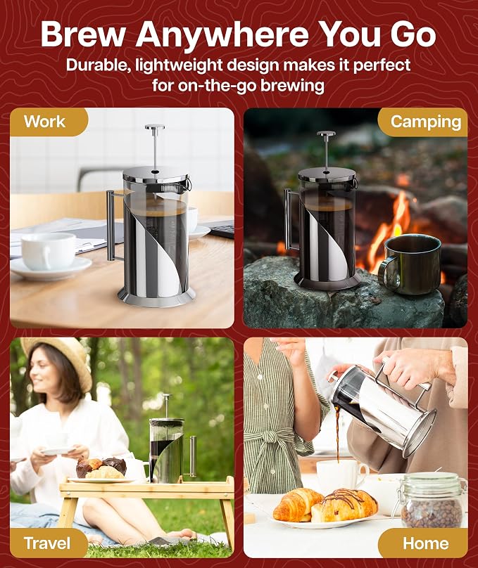 Cafe Du Chateau Stainless Steel French Press Coffee Maker 34 oz – Insulated Coffee Press with 4-Level Filtration, Manual Brewer for Tea, Camping & Travel, BPA-Free Glass (Pack of 2)