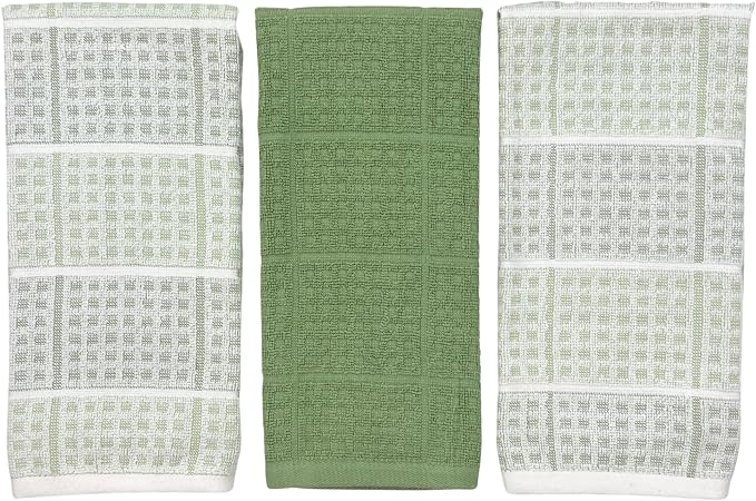 Sage Green Kitchen Dish Towels – Set of 3 100% Cotton Cloth Soft Cleaning Drying Absorbent Textured Waffle & Checkered Weave – Oversized 28" x 18" Multipurpose Towels for Everyday Use
