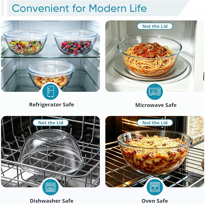 E-far Glass Mixing Bowl with Airtight Lid, 4.8QT Large Clear Glass Bowl for Salad, Sourdough Bread Making, Prep, Serving, Storage, Non-toxic & Leak-proof, Microwave, Dishwasher, Oven & Fridge Safe