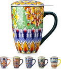 vancasso Ceramic Tea Mug with Infuser and Lid, 18 Ounce Bohemian Loose Leaf Cup, Microwave & Dishwasher Safe, Perfect for Tea, Coffee, Lime-Green Fiesta