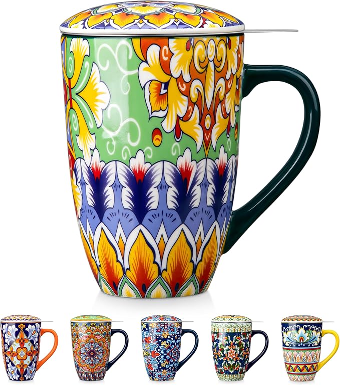 vancasso Ceramic Tea Mug with Infuser and Lid, 18 Ounce Bohemian Loose Leaf Cup, Microwave & Dishwasher Safe, Perfect for Tea, Coffee, Lime-Green Fiesta