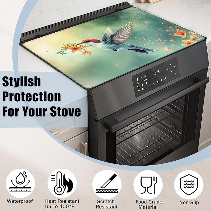 Cute Hummingbird Glass Top Stove Cover Protector,Spring Flower Stove Top Covers for Electric Stove,Washable Heat Resistant Cooktop Mat Anti-Slip Range Covers, 28 x 20 Inch