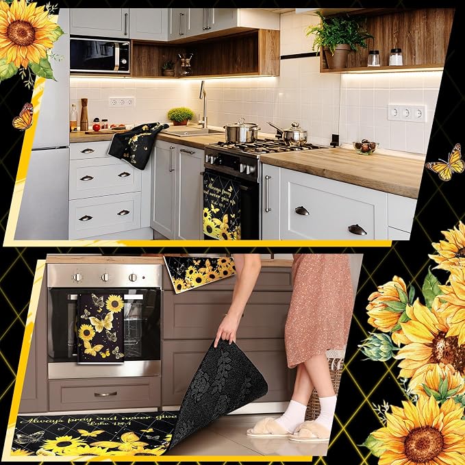 Fourluoo 10 Pcs Sunflower Butterfly Kitchen Dish Towels Rugs Oven Mitts and Pot Holders Set Farmhouse Kitchen Decor Set for Women Mom Daughter Gift Cooking Baking Grilling (Bright Black)