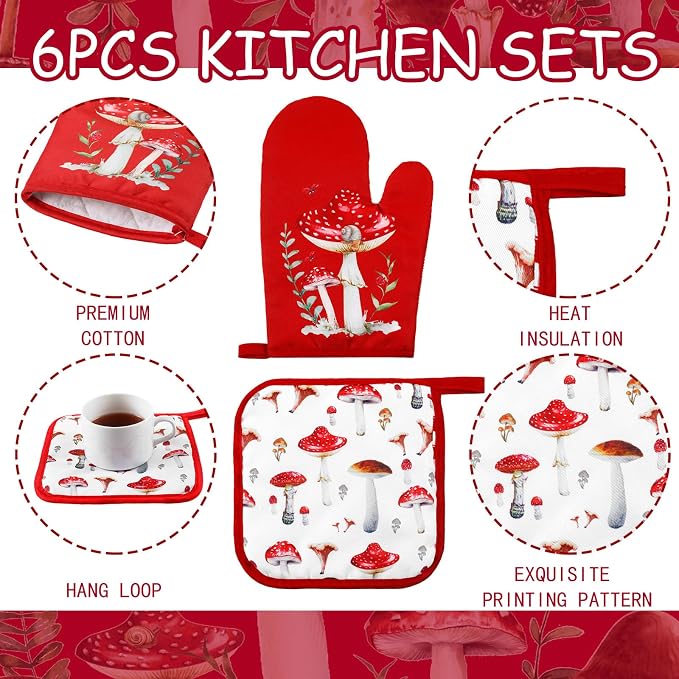 Bencailor 6 Pcs Mushroom Kitchen Towels Oven Mitts and Pot Holders Decorative Dish Tea Towels Non Slip Heat Resistant Oven Gloves for Spring Summer Home Cooking Dish Baking BBQ, Red, Black
